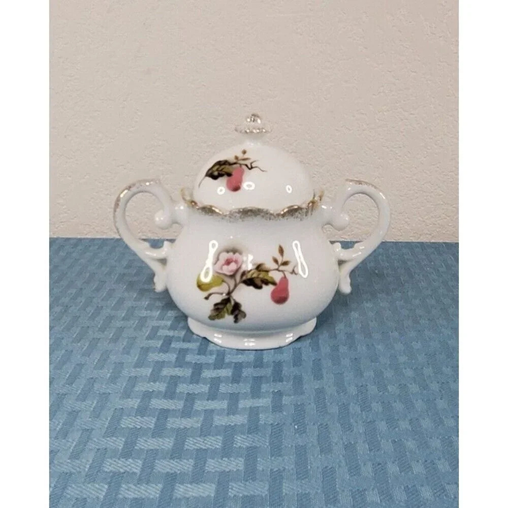 LEFTON CHINA SUGAR BOWL W/LID PAER FLORAL LEAF PATTERN NE 4354 Hand Panted - Picture 2 of 8
